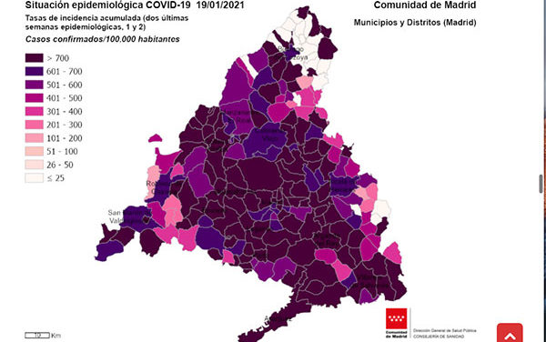 Mapa epidemiológico: Torrelodones y Collado Villalba superan la tasa de los 1.000 en incidencia acumulada