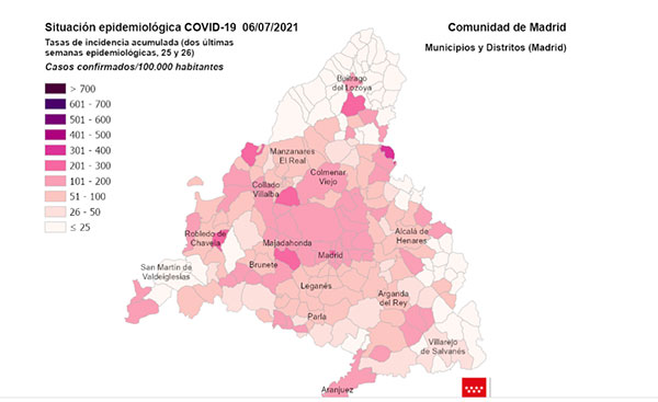 Las Rozas, Torrelodones, Alpedrete, Guadarrama y San Lorenzo, con la tasa de incidencia por encima de la media
