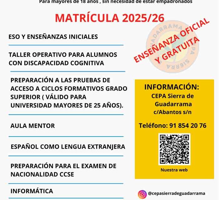 Plazas disponibles en el Centro de Educación de Personas Adultas «CEPA Sierra de Guadarrama»
